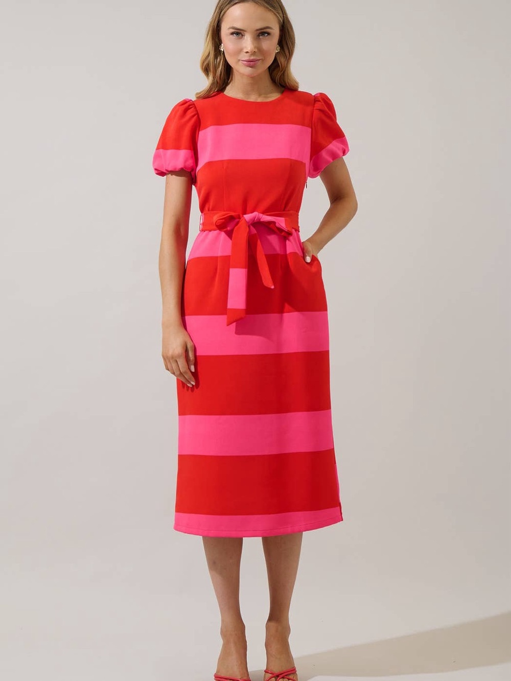 Sugarlips Red & Pink Striped Midi Dress with Tie Belt